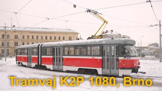 Brněnská tramvaj Tatra K2P 1080 na lince 5, 22. 1. 2023