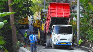 Asphalt Paving Road Construction Using Finisher Tandem Roller And Trucks