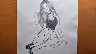 Como desenhar uma linda garota sentada  a lápis || Desenhar fácil || Desenho de menina