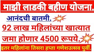 लाडकी बहीण योजना 92 लाख महिलांच्या खात्यात जमा होणार 4500 रूपये!#Mukhyamantri Ladaki bahin yojana.