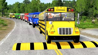 Double Flatbed Trailer Truck vs speed bumps|Busses vs speed bumps|Beamng Drive|BEAMNG4K#28