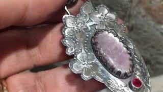 Cherry Blossoms pink Lepidolite and Ruby Sterling silver Pendant