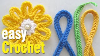 Easy Crochet: How to Crochet Double-chain Cord and a Daisy Flower for beginners.