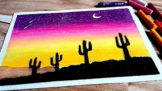 Easy Oil Pastel Drawing For Beginners || Desert cactus Scenery Drawing || @paintingforyou1963