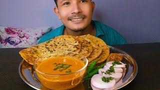 Eating Tasty Aloo ke Paratha with Lahsun and Pyaj ki chutney || Aam ka achar  || Mukbang