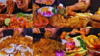 ASMR EATING SPICY NOODLES, HUGE PRAWN CURRY, MUTTON LEG CURRY, FISH FRY, MOMO, EGG CURRY🔥