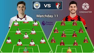 Head To Head Line Up Manchester City vs Bournemoth 4-3-3 vs 4-4-2 Matchweek 11 Premier League 23/24