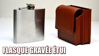 Flasque gravée avec étui en cuir marron