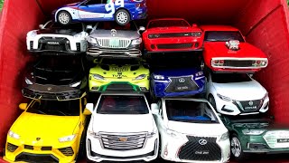 Box Full of Model Cars Lamborghini, Nissan GTR R35, Dodge Challenger, Mercedes S Class, Lexus lm300h