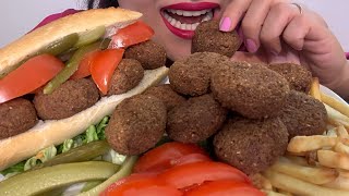 Asmr eating falafel sandwich and falafel plate|موکبانگ ساندویچ فلافل و بشقاب فلافل با سس سفید و قرمز