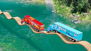 Mack truck vs Dinoco vs Impossible Log Wave Bridge Truck Car Rescue -Cars vs Deep Water-BeamNG.drive