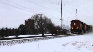 AMTRAK's Heartland Flyer and BNSF stack.trailer train in Norman, Oklahoma 12.6.2013