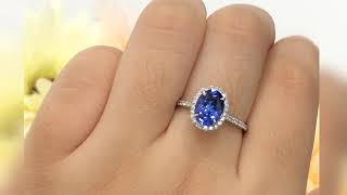 Oval Cut Sapphire Engagement Ring White Gold Halo Half Eternity Diamond Band