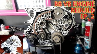 AUDI R8 V8 ENGINE REBUILD PART 2. Piston, Oil Sump, Timing Chain Assembly.  피스톤, 오일섬프, 타이밍 체인 장착