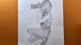 Como desenhar uma fotografia de menina sentada | Esboço a lápis para iniciante | Tutorial de desenho