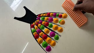 girl with umbrella rangoli drawing using comb/ rainy season rangoli/ satisfying video/ sand art