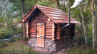 Construction of an Amazing House from Logs in the Rain. Start to Finish