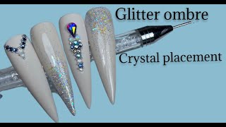 Gel nails with glitter ombré and crystal design tutorial