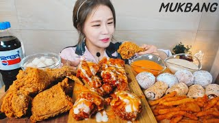 Субтитры) Spicy fried chicken. Seasoned spicy chicken. Honey cheese ball. REAL SOUND. ASMR. MUKBANG