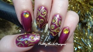 Golden Holographic Swirles on Dark Pink Polish Nail Art