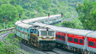 Monsoon Konkan Railway:Beautiful 'S' Curve:12051 Janshatabdi Exp VS Netravati Exp: Indian Railway