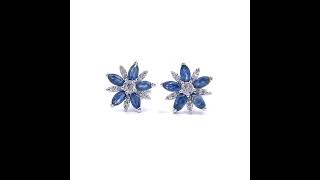 0.15 Carat Diamond & Blue Sapphire Cluster Flower Bloom Earrings in White Gold