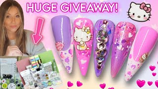 🎀 Easy Hello Kitty Nails | GIVEAWAY | Pink Summer Nail Art | Bling French Glitter Heart | Beginner