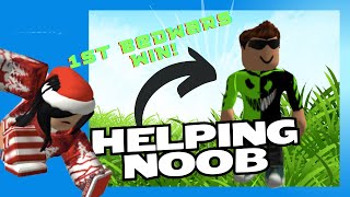 Helping this NOOB get his FIRST BEDWARS WIN... (Roblox Bedwars)