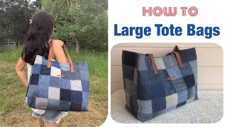 how to sew a large Tote bags tutorial from old jeans. sewing ideas a large jeans tote bags tutorial.