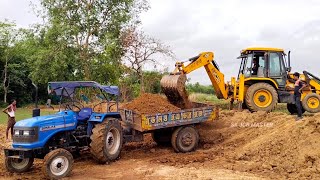 Jcb 3dx Backhoe Loader Machine Loading Mud In Tow Sonalika 745 Di Rx Tractor | Jcb Tractor | Jcb