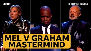 Graham Norton and Mel Geidroyc in the Mastermind black chair | BBC Children in Need 2021