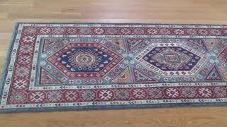 SPECIAL KAZAK PURE WOOL RUNNER HAND-KNOTTED GEOMETRIC DESIGN ORIENTAL RUG #222335