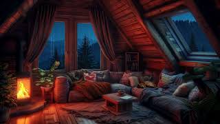 Cozy Attic Living Room Rainstorm - Rain, Fireplace, and Sleeping Cat Ambiance