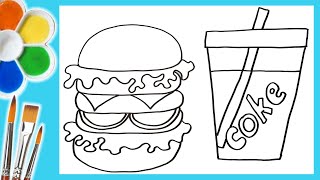 Draw and Color Delicious Burger and Coke 🍔🥤 | Coloring Pages | Acrylic Color