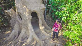 Girl living Off Grid Building a House to Live in the Wood Alone, Survival Shelter Ideas 2024