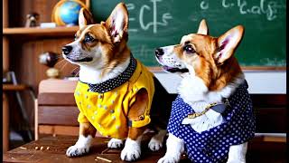 Corgis sitting in a school classroom looking around Their cuteness is coming through on the screen a