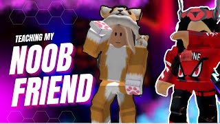 TEACHING MY NOOB FREIND HOW TO PLAY ROBLOX BEDWARS! (ROBLOX BEDWARS)