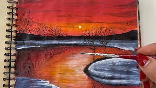 Sunset Painting | Sunset Landscape Painting | Sunset on the Lake Acrylic Painting