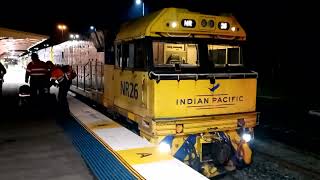 Indian Pacific (4SA8) Arriving & Departing Parkes Railway Station. 28 September 2022.