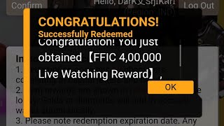 Free Fire New Redeem Code Today || FFIC 400K Live Watching Redeem Code || Free Skyler & Custom Cards