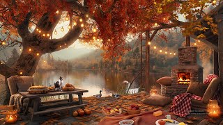 Autumn Porch in Cozy Forest by the Lake with Outdoor Fireplace, Falling Leaves and Relaxing Ambience