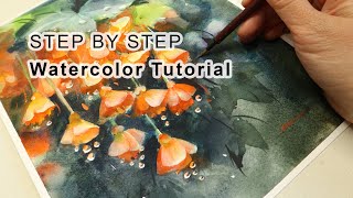 How To Paint Flowers With Rain Drops| Step By Step Watercolor Tutorial