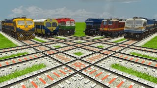 6 INDIAN TRAINS CROSSING AT DIAMOND FORKED RAILROAD TRACKS | Train Simulator | Railroad Crossing