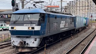 【コンテナ満載！独特なジョイント音最高！】JR貨物EF210形100番台138号機（旧塗装）＋赤コキ200形5両＋コキ19両が大船駅を通過！（1093レ・岡A2・コンテナ輸送）2024.11.16