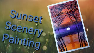 Sunset scenery Landscape Painting for Beginners Using Acrylic Colours / Realistic Sunset drawing.