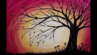 Spring Sunset Tree Silhouette Acrylic Painting 15 Minute Painting