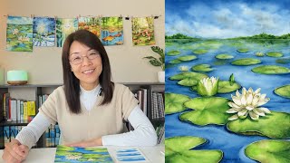 Watercolor Tutorials- Applying Perspective to Water Lily Pond painting 🎨#skillshare #artclass #art