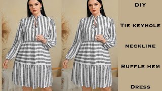 HOW TO MAKE A TIE KEYHOLE NECKLINE RUFFLE HEM DRESS WITH LANTERN SLEEVE… (Cutting & Stitching)