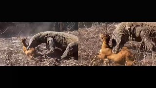 Baby goat swallowed alive by Komodo Dragon. It vocalizes inside it and kicks at 2:46.  Two cameras.