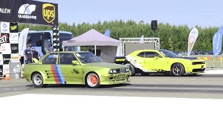 Dodge Challenger Hellcat 6.2 vs BMW 325 E30 Folger Turbo 1/4 mile drag race